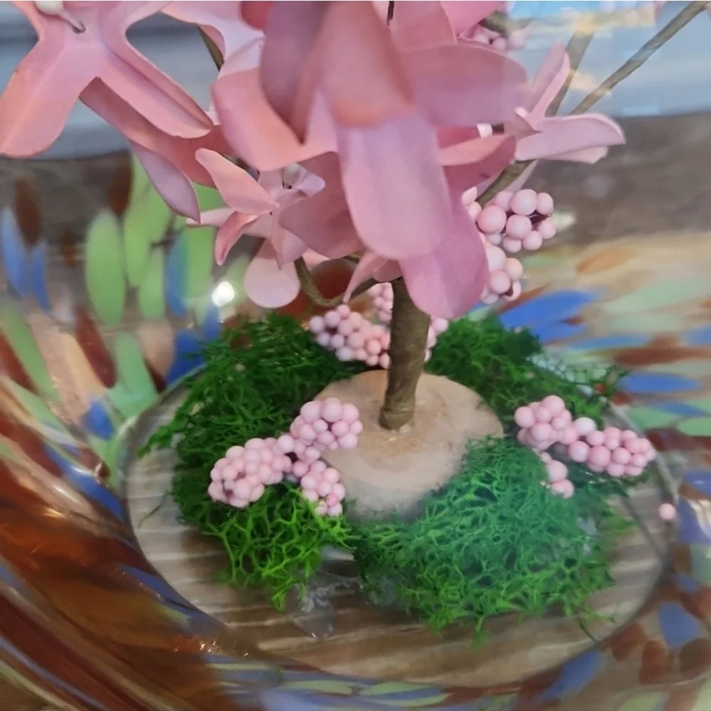Cherry Blossom ? Pink Flowers Glass Globe Terrarium Blue Green Orange Spots